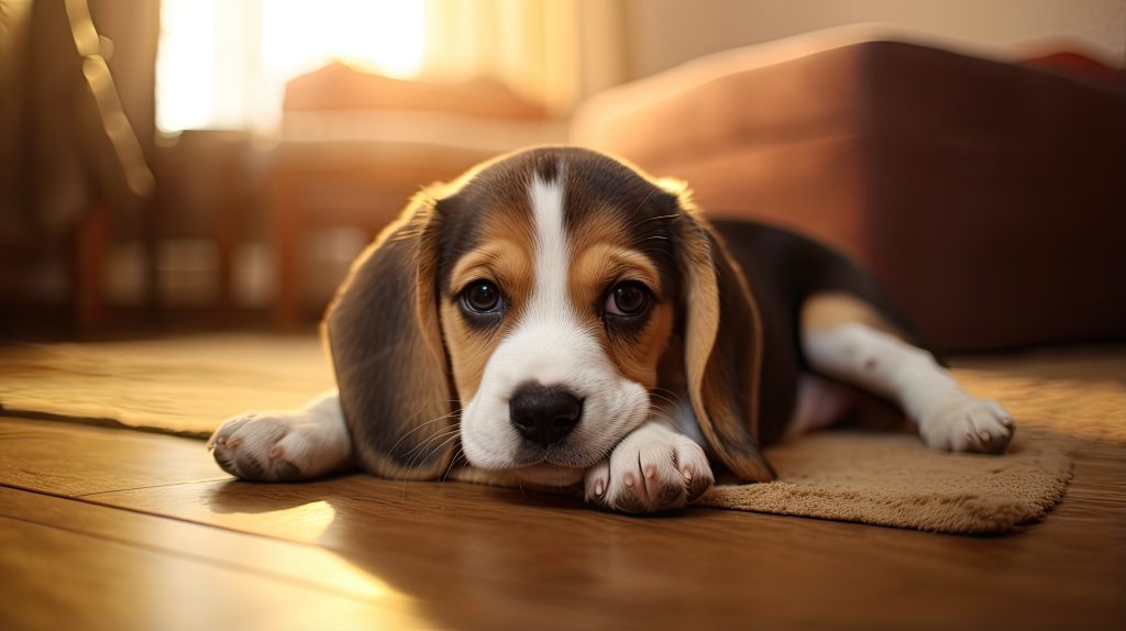 image of vomiting and diarrhea sick beagle puppy
